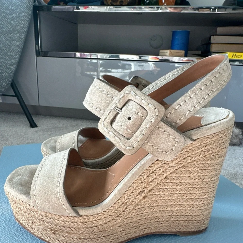 Prada Nude Suede Jute 4 inch Wedge Peep Toe Sandal 35.5 /  5.5 US $850 - Picture 3 of 14